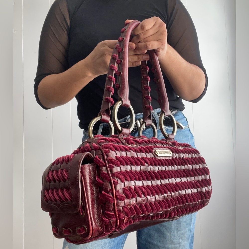 Vintage Isabella Fiore Burgundy Leather and Velvet Woven Handbag